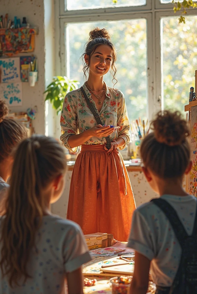 In this enchanting vintage painting, a stunning young woman stands at the forefront of a rustic schoolhouse, where she teaches a group of eager children. Dressed in a lovely floral shirt, she radiates charm and beauty. Her gentle gestures and warm smile make the atmosphere inviting as she stands before the class, explaining the lessons with kindness and dedication. The soft lighting highlights her delicate features and sculpted form, creating an ambiance that is both warm and educational