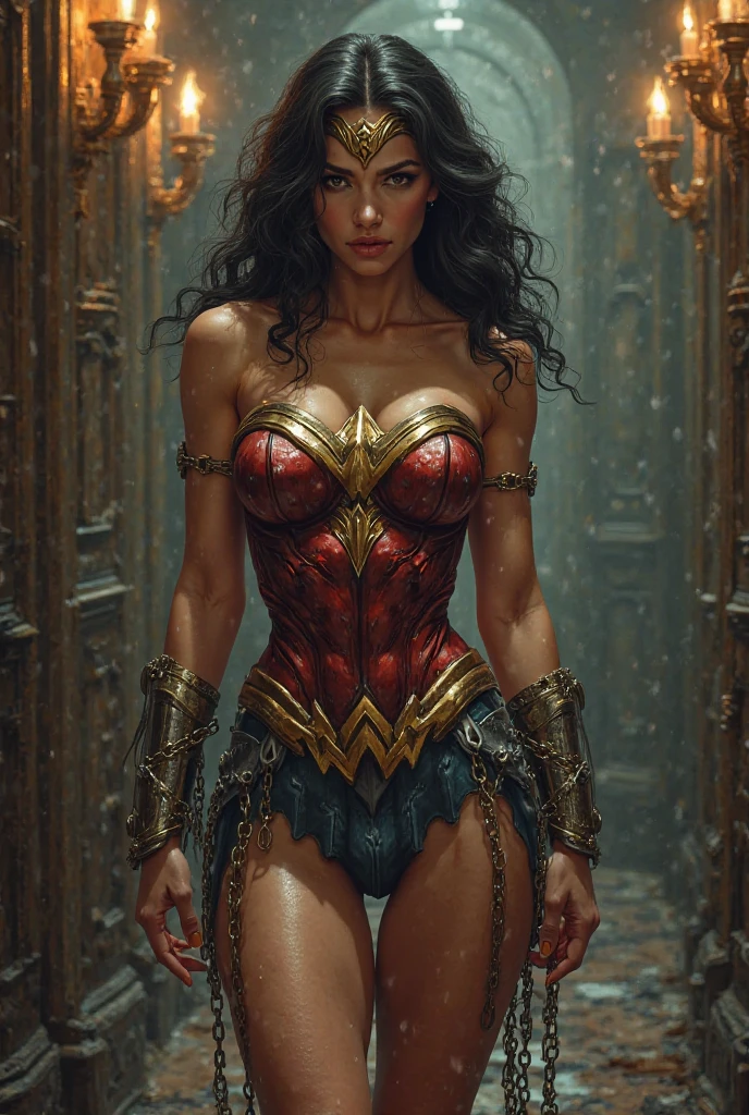 highest quality, masterpiece, High resolution, Photoreal, sharp, RAW photo, 8k wallpaper, Flawless, professional lighting, very detailed, written boundary depth, ((one beautiful woman, japanese mature)), (30 years old)), women sexy, detailed face, beautiful eyes, bangs, well-shaped small breasts, light brown straight hair, faint lips, ((stand in front, serious face eyes.)), (((raise both arms up)))((skin shining with sweat,Armpits shining with sweat:1.0)), Wonder Woman, wearing Wonder Woman red corset, Wonder Woman blue panties, Wonder Woman tiara, rise eyebrows, slender, tied up and chained in dungeon, (((shackles)), ((shackles and arms down, wrists tied)), bondage, chains wrapped on arms, slavery, restraint, (basement wall backgroun, dirty, dark, creepy), best quality, masterpiece, both arms up, angry, hanging, muscle armpit, struggling, unable to break free, wide shot, hair behind head, small breast, small chest, ((shackled wrist)), ((shackled arms), comic style, asian, both wrist shackled