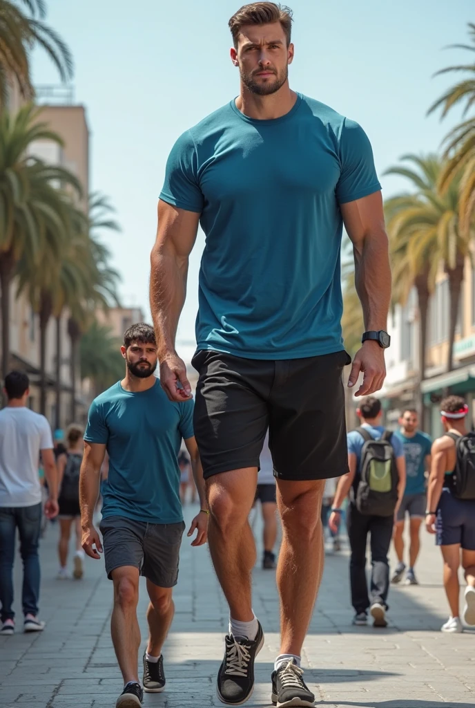 Tiny dark haired boy by worship to tall, blond haired giant young guy. Realistic. Modern time. Boy bow down at giant's feet. Domination. Giant with white sneakers.