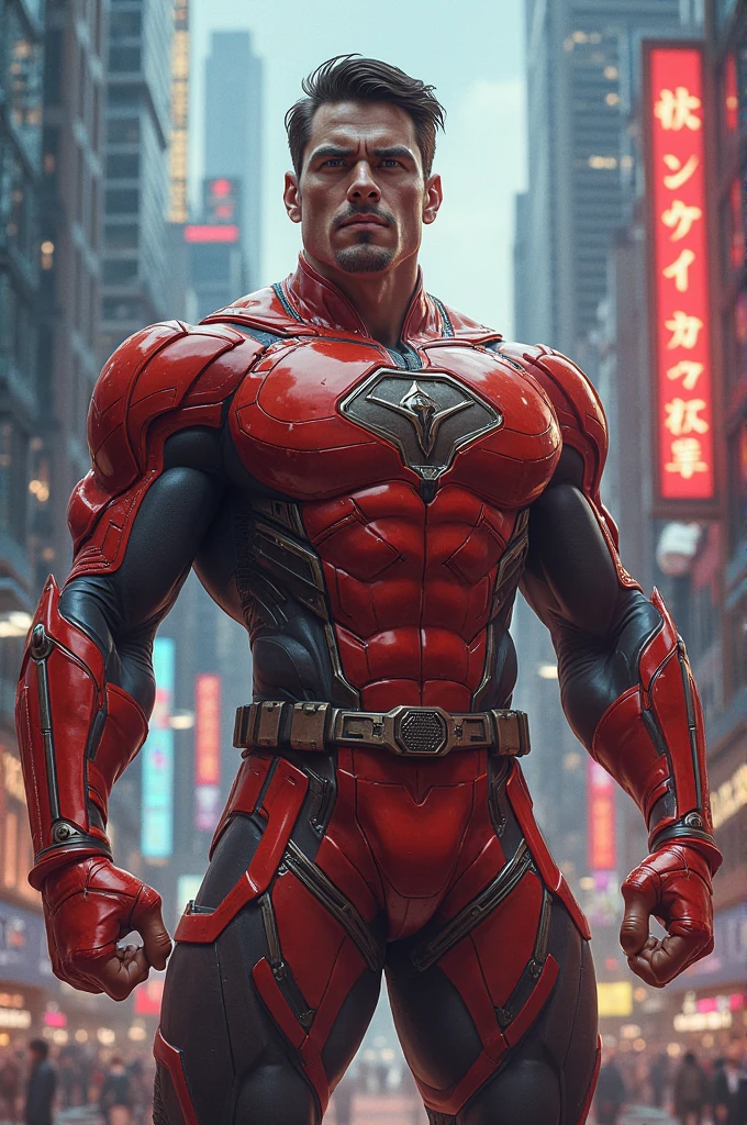 man, macho man, black hair, muscular man, futuristic clothing, tights, black suit, patterned red, gold, military uniform, attractive