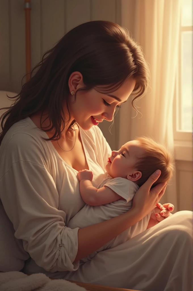 A mother breastfeeds her son