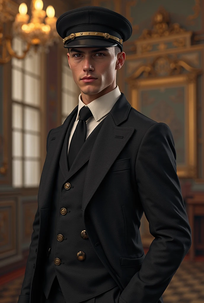 The image and related scenes of an aristocratic duke in the Victorian era. In terms of the main content, the Duke's temperament is elegant, elegant, his eyes are deep and wise, his facial lines are strong and exquisite, he wears gorgeous and exquisite aristocratic clothes, wears a high-top hat, and holds an exquisite walking stick. The environment is set in the luxurious living room of the magnificent Duke's Mansion, with gorgeous carpets, exquisite sculptures and precious works of art. The light outside the window is soft and warm, and there may be servants standing respectfully. Emotionally, the atmosphere creates a noble, elegant and solemn atmosphere, highlighting the majesty and power of the duke and the elegance of the times. In terms of light effect, natural light forms soft light and shadow, highlighting the gorgeousness of clothing and decorations, and forming a contrast of light and shade in the room to increase the sense of hierarchy. The color matching is mainly black, gold and red, and dark furniture and decorations, reflecting the luxury and solemnity of the aristocracy. The perspective and viewpoint are positive or slightly sideways, and the shooting from a slightly lower angle adds a sense of dignity. The composition layout is centered on the Duke, the furniture and decorations are reasonably arranged, and the lines are used to guide the audience's vision. The artistic style chooses classical realism, carefully depicting details, or emphasizing atmosphere and emotion with romantic elements. The camera setting uses a high-quality camera and a small aperture to ensure that the picture is clear. The image quality focuses on the exquisiteness of the duke's clothing and medals. It clearly presents the texture of decorations and works of art, and ensures that the rich color truly reflects the characteristics of the times.,Mature German, arm hair, ! Skinny and tall!(Chest hair:1.8) ! High detail 8K)! ((Realistically)), ! 186 cm! 70 kilograms! Popular clips!