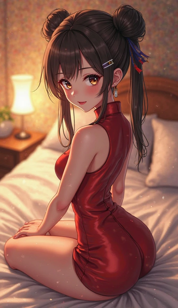 Pubic area is clear,4k wallpaper,HighestQuali,1 teenage girl,brunette color hair,Black eyes,Burgundy silk nightdress(Lily pattern),Reallightandshadow,Warm lighting,Chinese style bedroom,Traditional red silk bedding,The upper part of the body