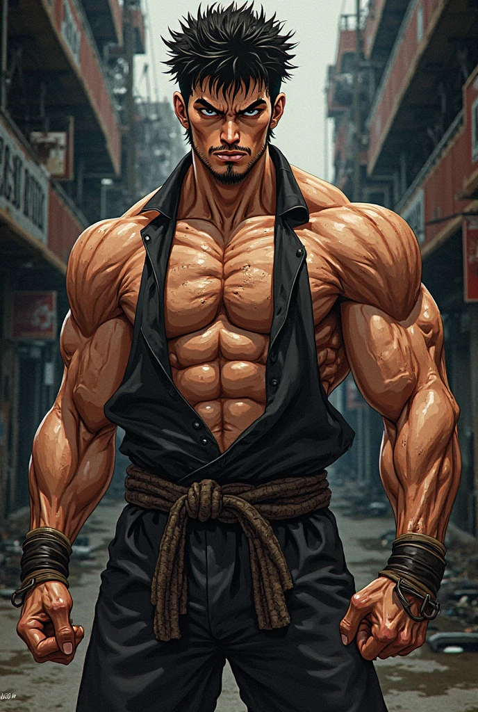 1 hombre alto y delgado (((musculoso sudado excesivo))),ojos azules,dark brown hair,fondo: que este en un calabozo lleno de cadenas  y q este atrapado en las cadenas muy cortas sus brazos alzados por completo por culpa de las cadenas muy cortas ,((( cuerpo musculoso sudado excesivo ))) and his feet are chained tightening the chains,(((without any types of accessories or objects on his muscular body excessive sweating of his arms, six pack ))),(that the dungeon does not have much lighting),(((que solo lleve un taparrabos ????? viejo y muy roto))),((((bathed in pure excessive sweat of muscular man without carrying any objects or accessories)))).