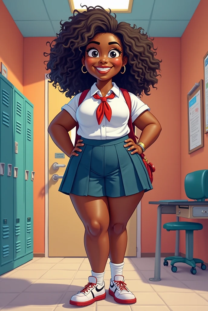A teacher wearing a blue teacher's uniform with white stripes with blue jewelry around her body and golden chains on her clothes with her standing in a large classroom full of chairs and she is in front of a board holding a chalkboard with a bow white luver and having blue eyes and having brown hair like her having black skin with her having long and tied up hair she being sitting on the classroom table with her having big and gigantic breasts and huge hips and huge hips and giant and big thighs