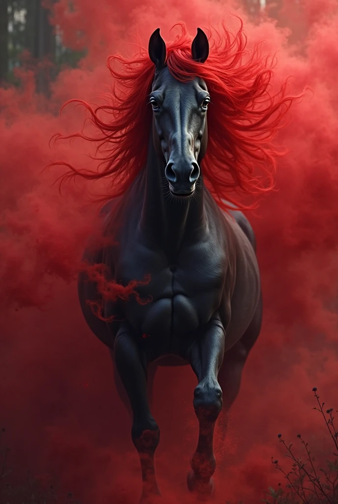 drunken man riding on black horse with red eyes dark creepy scene