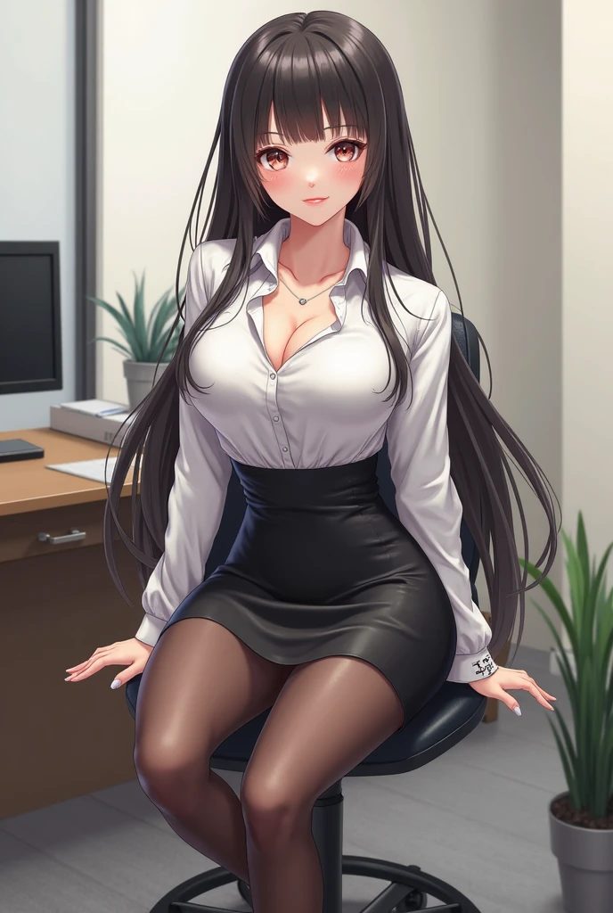a large amount of fluid is overflowing，（Long black hair）：1.3，beatiful detailed eyes，Perfect proportions，eyes with brightness，Light makeup，choker necklace，ear jewelry，Pink and moist lips），sexy beauty in one room，Office room，On a computer desk，Sexy Backless Sweater，Elegant and beautiful hairpins，white wavy curare legs and high heels，Spread your legs apart，a large amount of fluid is overflowing，（（8K，tmasterpiece，realisticlying），（Hyper-detailing，ultraclear，naturey，full-body view），