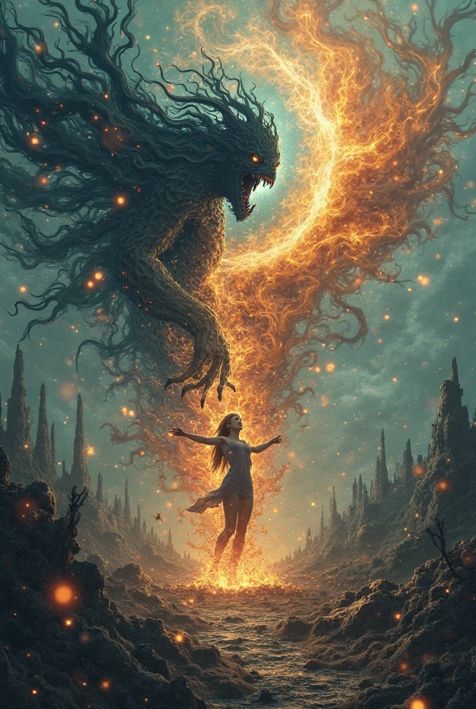 Iranian girl kneeling in front of the kind god of fire, who is a fiery woman, and talking to each other
