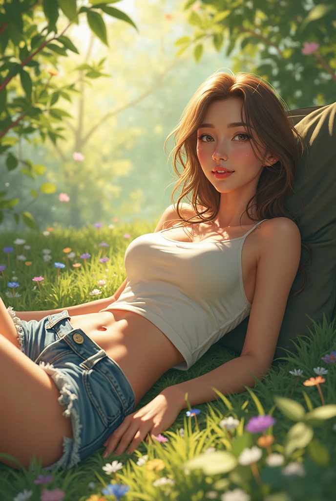(((Big breasts: 1.4))), ((Tomboy, head small)), smile, sunlight, sunlight, (chiseled abs: 1.1), (Perfect body: 1.1), (short wavy hair: 1.2), reddish brown hair, collar, chain, full body shot, picnic, prairie, trees, seat, lunch, ((bra))), ((shorts, sitting, legs open)), (very detailed CG 8k wallpaper), (very delicate and beautiful), (masterpiece), (best quality: 1.0), (ultra high definition: 1.0), beautiful lighting, perfect lightning, realistic shadows, [high resolution], detailed skin, super detailed
