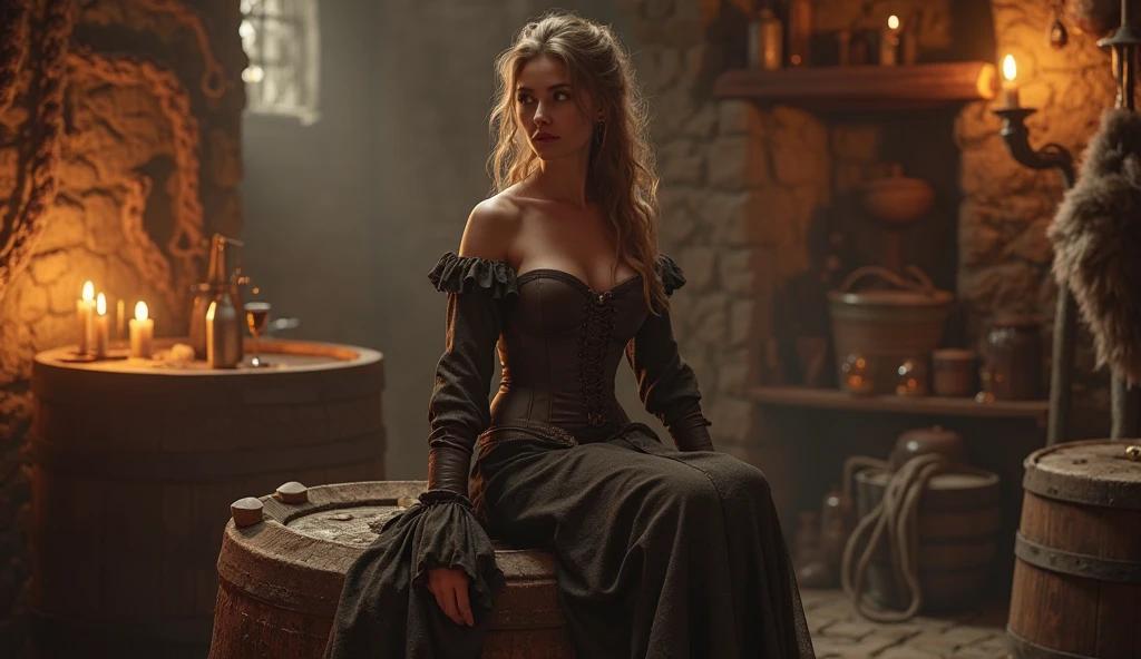 Hyper-photo-realistic full-body shot photo. A smirking young teenager Florence Pugh with messy long blonde hair hyper-messy, is a pretty witch in her lair. She is dressed in a translucent web-dress and is mixing potions. Photo-realistic face and body, hyper-photorealism, many realistic details. Hyper-intricate details in the hair. 8K, HDR quality.