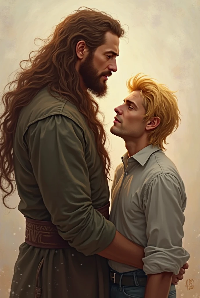 Androgynous man with long hair having his beard shaved by his wife