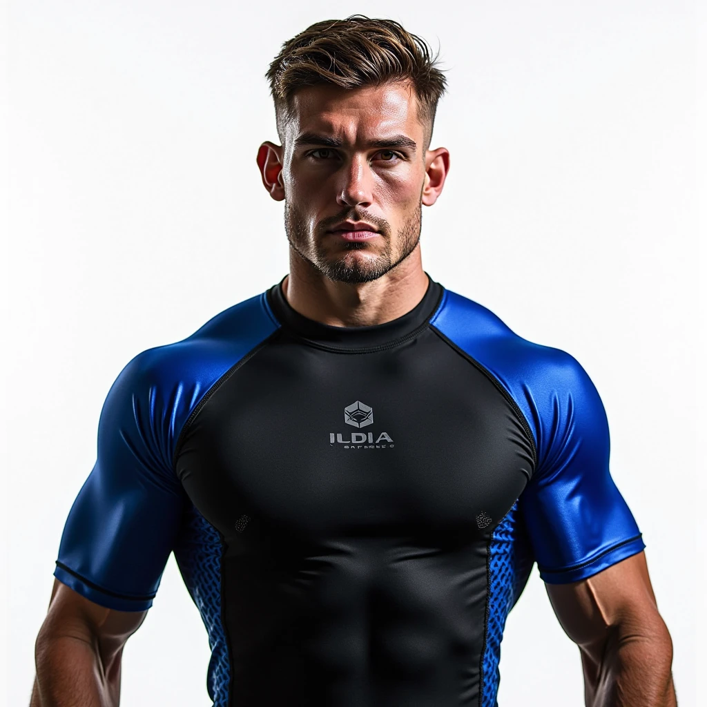 man standing wearing blue and orange neoprene wetsuit , a white background <lora:100_triathlon_wetsuits_v1:0.55>, muscular, barefoot , wet masculine, bald, arms crossed