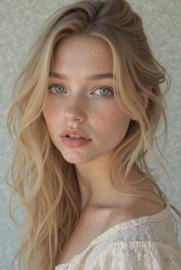 1girl in, age19, Solo, Aesthetic artwork, irish, wavy strawberry blonde hair, shoulder length hair, gray eyes, light grey eyes, some small freckles, pale skin, runners body, (textured skin, skin pores:1.1), goosebumps, wearing a cardigan without anything underneath, no bra, exposed breasts, sexy pose