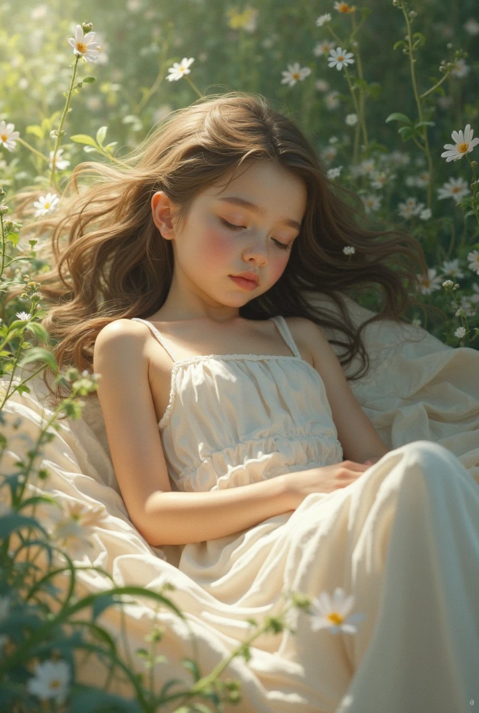 (masterpiece:1.2), (Best quality:1.2), Perfect lighting, cute style symmetric, girl perfect sleep in a giant plant leaf flower, sleep curl up, front frontal view, face european caucasian, poster style epic, fullbody, wearing herbal decor cloth light night dress, no crop,