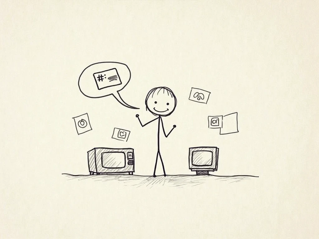 A freehand sketch of a simple stick figure on a textured paper background, drawn with thin, rough pencil strokes and light crosshatching. The scene shows the figure surrounded by a mobile phone (with a language setting icon), social media icons, sticky notes, and a small TV screen, with a speech bubble that reads: ‘CIA learners immerse themselves: Change your phone’s language, follow foreign influencers, stick post-its on your mirror, watch documentaries—breathe the subject