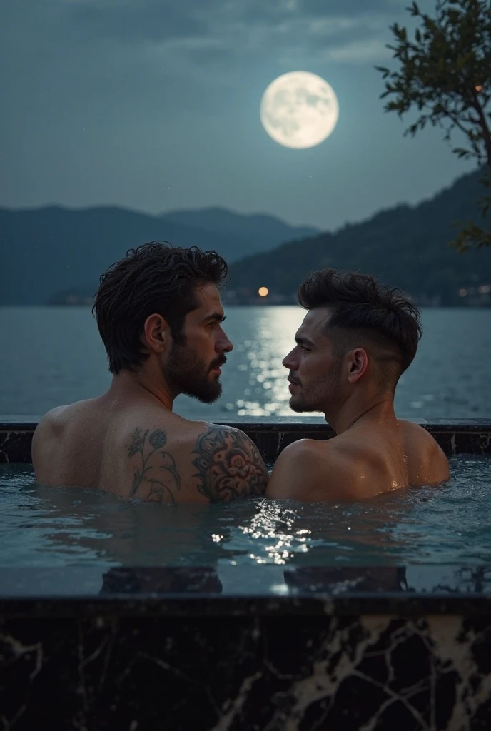 There are two beautiful young men half naked in a beautiful lake with no one in the night, moon and trees.  Both of them are splashing water on each other.