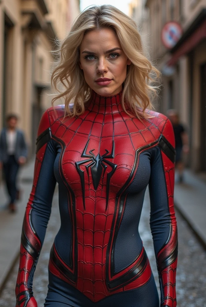 A RAW, full body photo of (scarlett), wearing spider-man suit,cosplay, big perky breasts, sexy cleavage, background is landscapes, (high detailed skin:1.2), 8k uhd, dslr, soft lighting, high quality, film grain, Sony a7ii