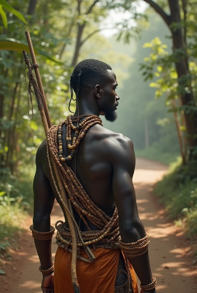 An old shirtless black man swinging with two machetes in his hands