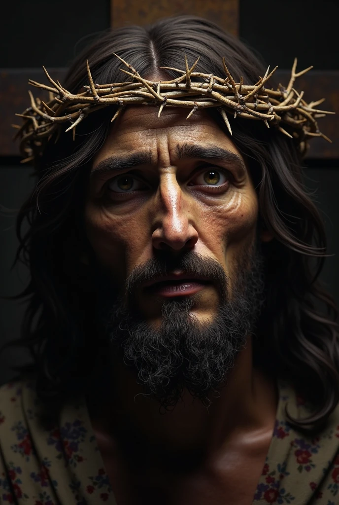 Close-up of Jesus on the cross with a crown of thorns blood stare piercing gaze, Retailer, hdd4K, realist