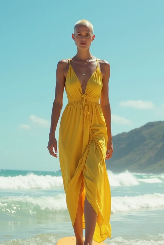 Beautiful brunette Arafed, Long hair, Traight Hair, full - body, Kale, Naked, Kale, walking on the beach ,  Kaia Gerber