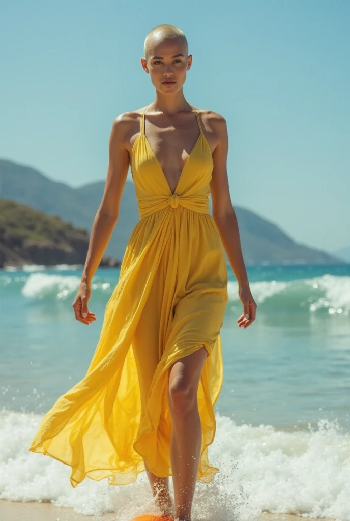 fantacy, green, blue, and orange color base, high fantacy settings, beach and ocean ,one woman standing in full nude ,extremely fine and beautiful ,masterpiece,amazing