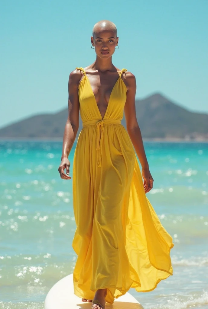Realistic photo, 8K, sur le trottoirsau bord de la plage. 18-year-old Brazilian young woman,She smiles. She has a slender face, she has freckles, She has a bob haircut, she has tanned skin, she has a 90E breast size, She has a slim waist, she has big buttocks, She wears a flowing tropical maxi dress, golden leather sandals, a straw hat, and sunglasses