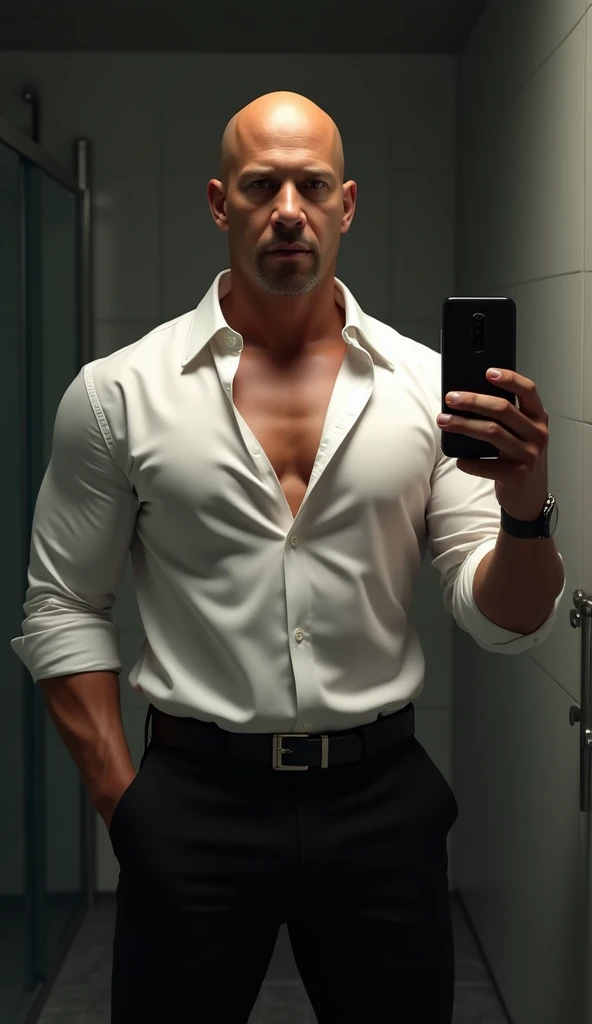 45 years old, very muscular, big bulge, black leather suit trousers, nice smile, horny, boss, office, thick, thick thighs, muscular chest, bulge, muscles, shirt and tie, dress shirt, formal shirt, mature, hd, realistic, At work, short moustache, no jacket, sexy shirt, taking a mirror selfie, shiny clothes, grey hair, fitted, belt, british, black leather shirt, with big dick outside his trousers