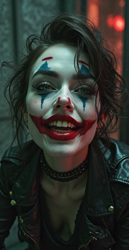 Joker wild hair detailed, smiling perfect skin, dentes pontudos, scary face