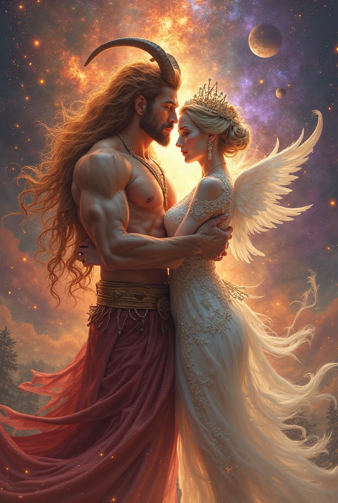 Infinity A white shirtless angel a woman in a red dress and blonde hair with a crown and bracelets looking into each other's eyes with love a pink moon and starry sky and a golden castle