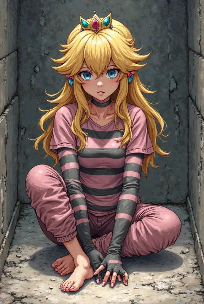 Anime princess peach with white nails in orange prison jumpsuit barefootchained to ground forcing her to crouch