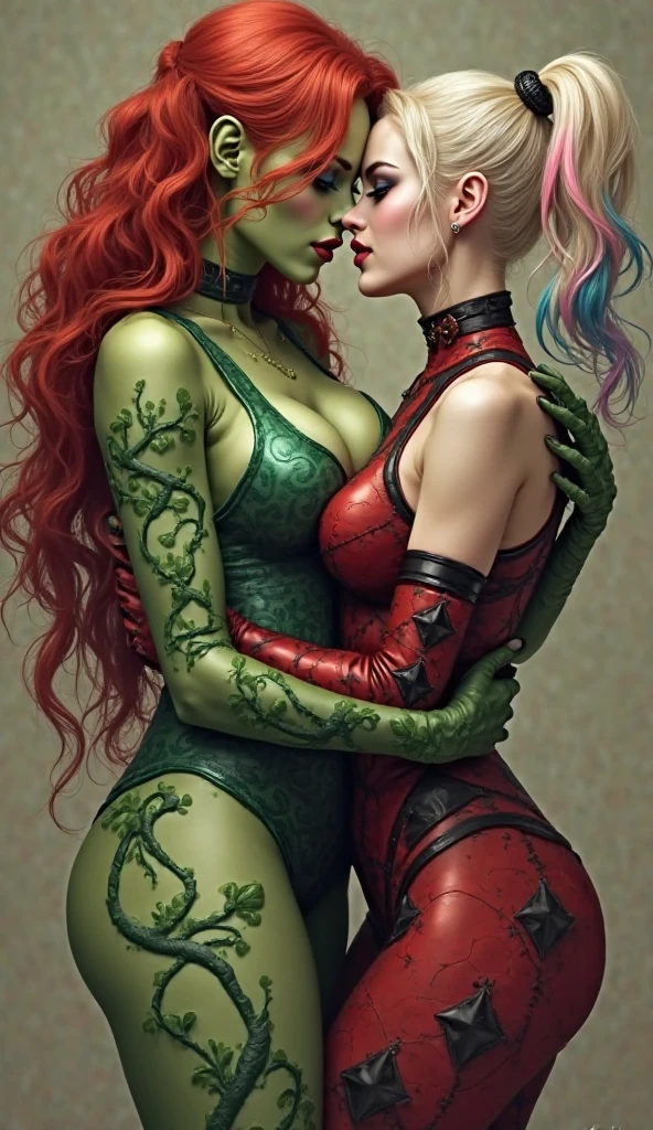 2 girls, (Sexy Harley quinn, big boobs, piercings titts), (sexy Poison Ivy big boobs), shaved pussy