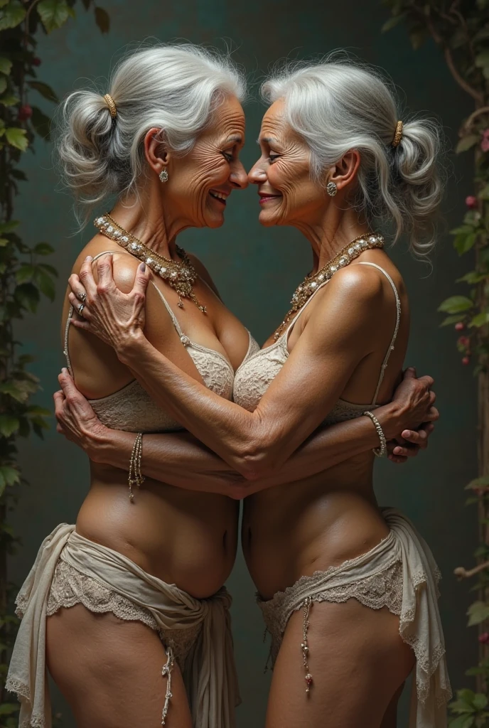 masterpiece, high-level image quality, depth of fields, beautiful mature women, 80 years old, with beautiful gray hairs, up of face, wearing a light pink floral patterned strapless playsuit in the garden,, close pic view, Fancy makeup, (gigantic, big breasts ;1.7), beautiful face, perfect body