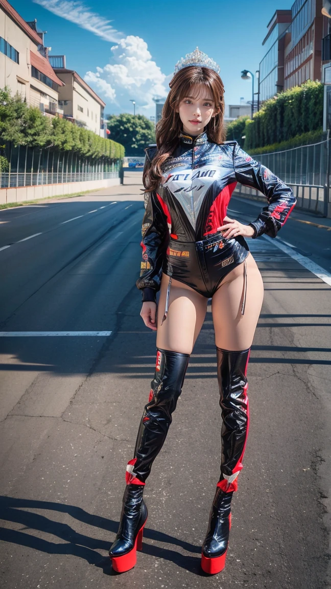 (8k, best quality, masterpiece, Body of the best proportion,:1.3), (A Japanese race queen, tall, glamor, sexually flattering clothing, boots, Posing as a fashion model, smile:1.2), (racing circuit:1.3), (huge breasts)