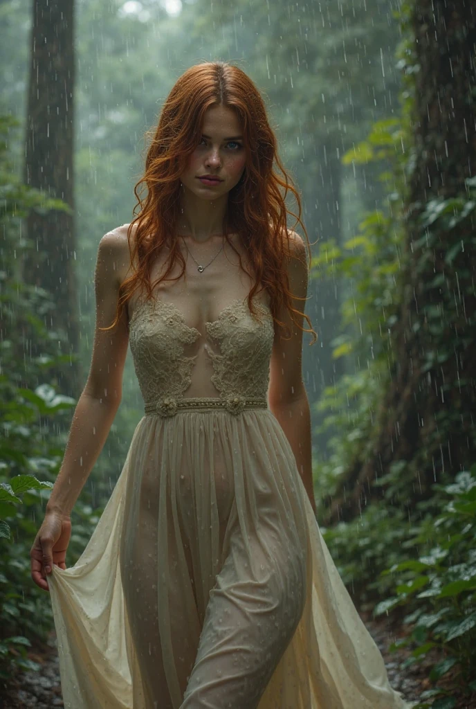 cute woman under drizzling rain, (elegant, beautiful face), transparent white dress, forest moss, (freckles:0.8), flowers feld, , curly red hair, magical atmosphere, (short hair), ((detailed skin, skin texture)), ultradetailed, (intricately detailed, fine details, hyperdetailed), raytracing, subsurface scattering, (fantasy underworld on background), diffused soft lighting, shallow depth of field, by (Oliver Wetter), sharp focus bokeh, (realistic photo quality:1.4)