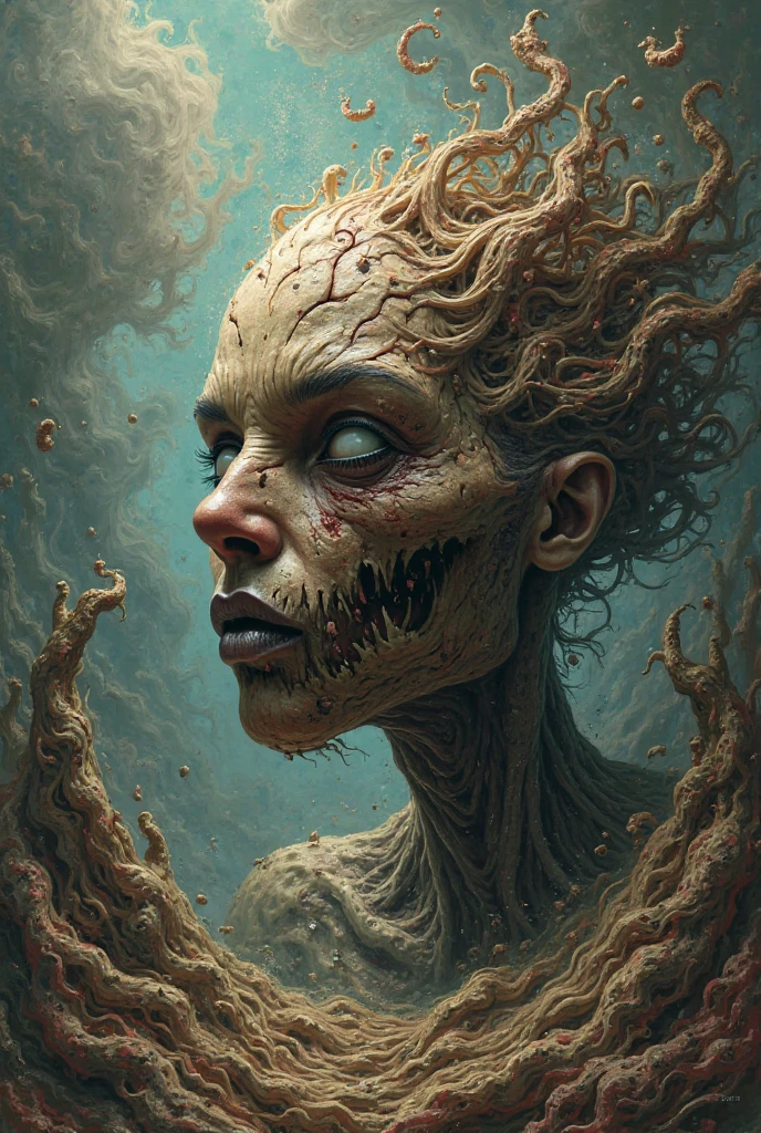 (extremadamente detallado, obra maestra, La mejor calidad), Estilo oscuro, intense illumination, rostro con arrugas, lengua larga, tentacle, deforme, monstruoso, interior de una piscina de agua verdosa, imagen submarina, alien con Colmillos finos, pico de pulpo amenazante. manchas de tinta. Rococo composition. Luz de caravaggio