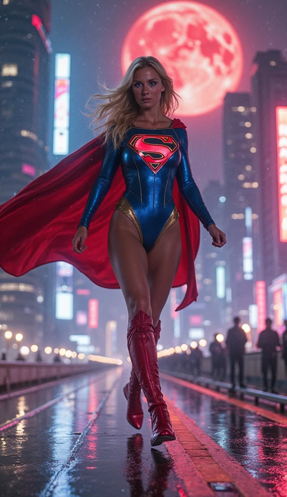 masterpiece, best quality, 1girl, supergirl,long hair,blonde hair,bodysuit,breasts,cape,belt,medium breasts,superhero,gloves,lips,black bodysuit,belt buckle, curvy, toned, large breasts, (cleavage), narrow waist, ((midriff visible)), short red skirt,  realistic, 3d, night sky, cityscape, gotham city background, cape, sexy lustful look on face