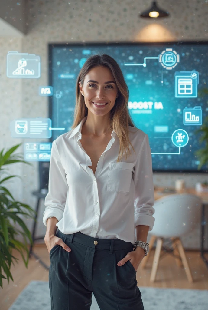 A beautiful young woman exuding an air of confidence and intellect in an elegant modern office space next to a complex financial graphic on the wall, You can feel your analytical mind at work, direct into the camera's gaze, ligeiramente sorridente, corpo inteiro, Medidas do modelo superior, office dress code, wearing glasses, cara bonito, ainda muito profissional, Directed by: Alejandro Burdisio