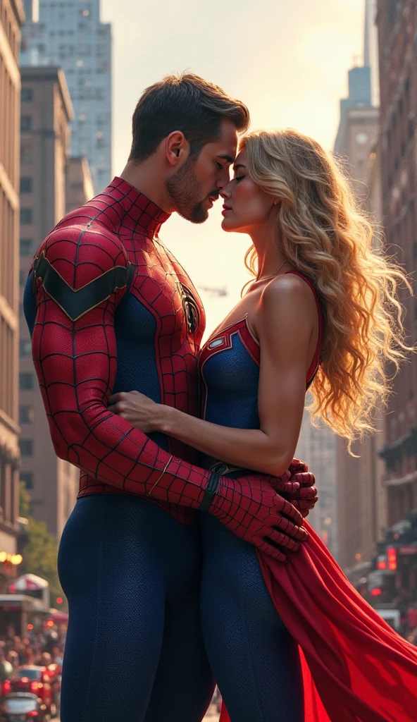 Spiderman is inserting his fingers in Gwen Stacy’s vagina under her skirt, he is fingering her, she is in ecstasy,