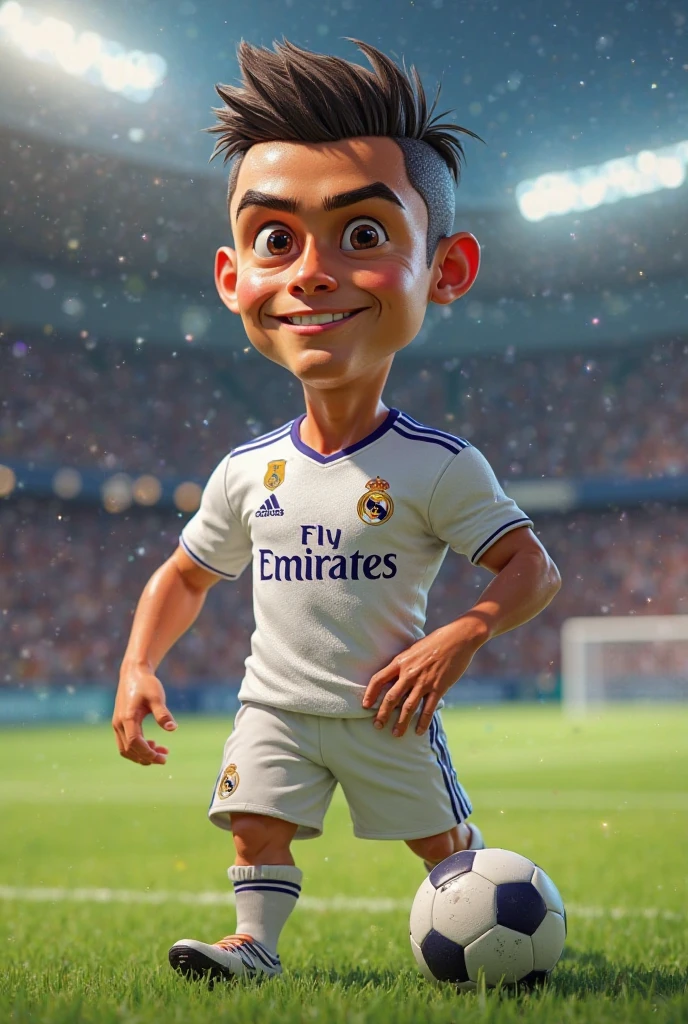 Stunning Rogerinho ,  offwhite,and is Brazilian, short dark brown hair, and he doesn&#39;t have a beard, and has the face of a child around 8 or , and he is a Real Madrid player, photo in 8k, in action, cinematic.