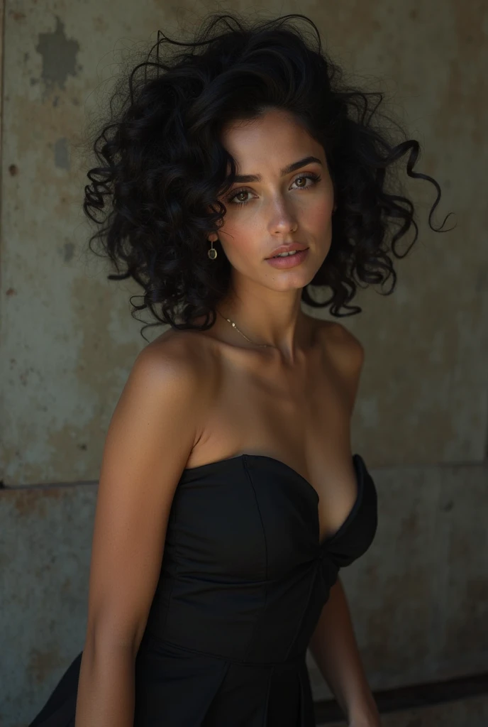 Photography of a beautiful girl, Wearing black dress ((very heavy bust)), short curly hair, corcovado, Looking to the side, symmetrical eyes, symmetrical face, photorealistic, photography, Plot layout, specular lighting, Volumetric light of the face, Hair path, Visible shadows, complex, elaborate, hyper realistic
