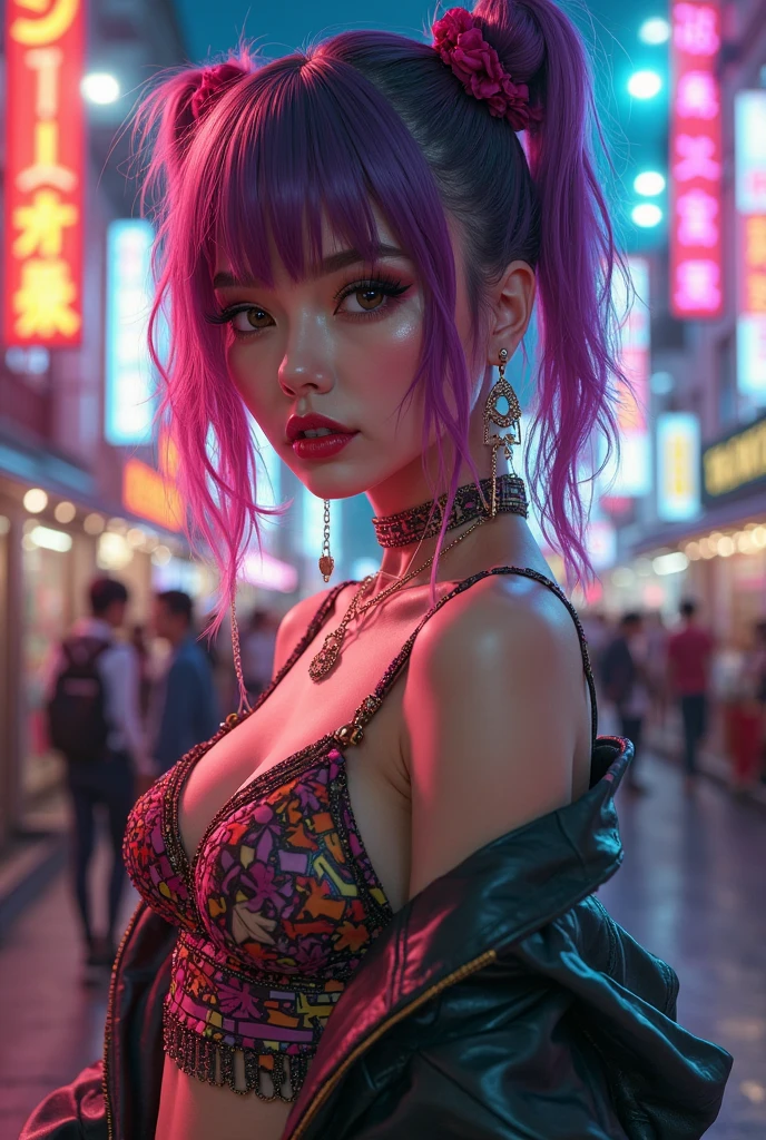 A close-up portrait of a model in a photo studio (dressed in a cosplay costume as Jinx from the Arcane League of Legends), a young and sexy woman, realist, beautiful , (Derevschikova: 1.5), beautiful y seductora, perfect nose, ultra beautiful, with its long, perfect beautiful, realist, epic beautiful, 8k, fuji xt3, untrimmed, premium wide open city ” big breasts



