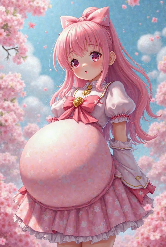 High resolution, extremely detailed, masterpiece, 1girl, long pink pigtails, pink eyes, round face, extremely adorable, premature body, small, short, very cute race, big eyes, ultra cute, simple