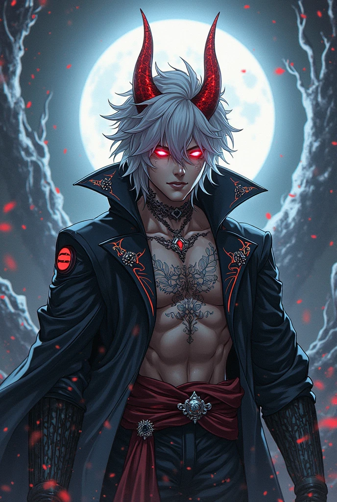 absurdres, highres, ultra detailed, HDR, master piece, best quality, Dabi, white hair, expressive turquoise eyes, Boku No Hero Academia, solo, sexy man, handsome, horny, demon, horns, lewd, black leather clothes, red cape, accessories, showing the chest, red sky, red moon, red trees, red spider lilies, fantasy, dark magic, magical