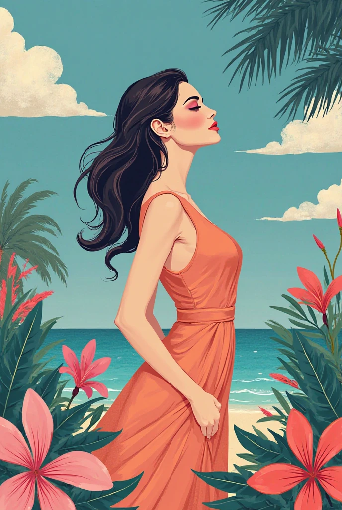 (((Huge-breasts))), Long hair, Beautiful ruby necklace, Beach, seaside, coconut palms, pale green lace bra, Coast, Stepped platform with feldspar.