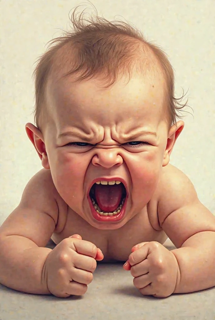 In a hospital setting, a baby stands in a sterile room with white walls and fluorescent lights. The baby’s face is contorted with fear, and tears stream down his cheeks. His little hand trembles as he holds his neck. From a cut in his neck, a grotesque worm emerges, causing horror and despair. The baby’s expression is one of pure terror, his eyes wide and his mouth open in an anguished cry. In the background, modern medical equipment gleams, adding a cold and impersonal atmosphere to the scene.