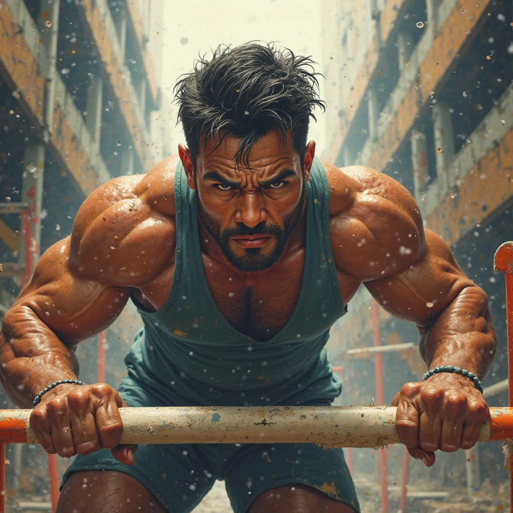 Create an image of a strong, determined man working hard, with sweat on his brow and focused eyes. He should be in a dynamic pose, perhaps lifting a heavy load or working with tools, symbolizing dedication and perseverance. The background should have a soft gradient with warm colors like orange and red, giving a sense of energy and motivation. Include subtle details like light rays or a faint glow around the man to emphasize his hard work and determination."