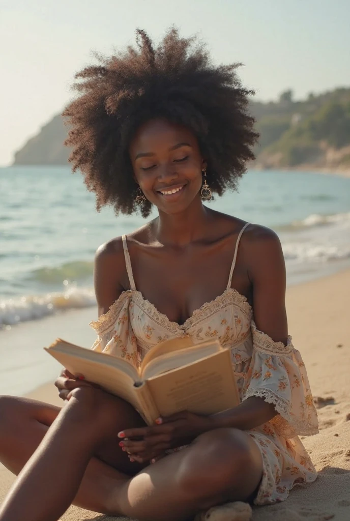 ((African dark skin, very deep ebony skin)),A beautiful African in a stylish fashion posed seductively , with her book placed in front of her, gazing confidently into the book. The image is meticulously rendered in stunning high definition, capturing every detail with lifelike realism Lost in the rhythm of the waves and the world of words. Tomorrow, the story unfolds.