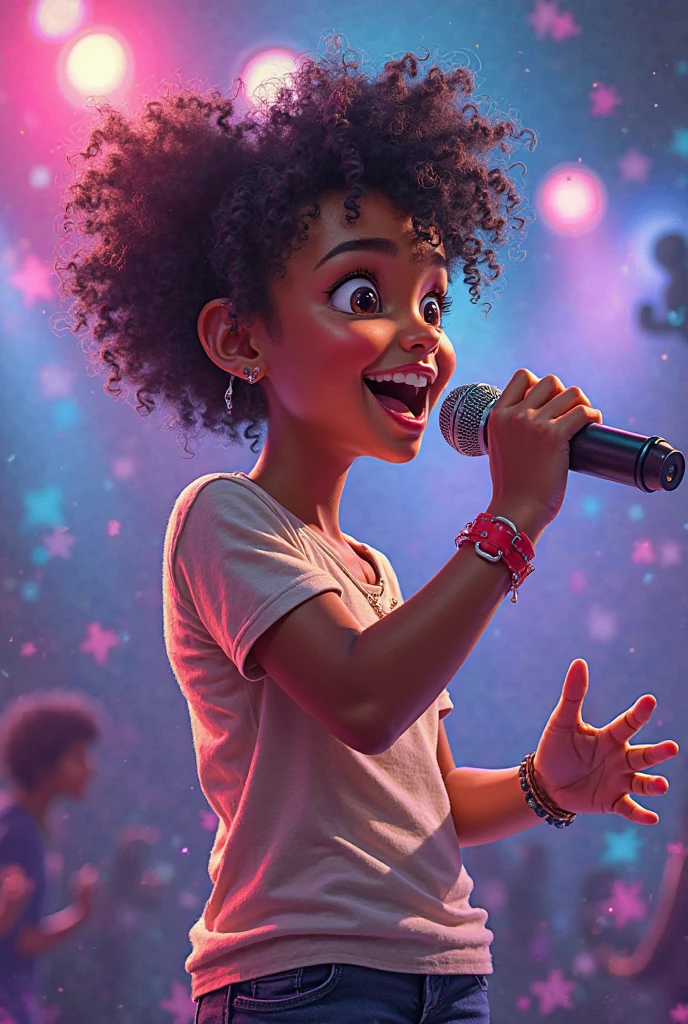 a little girl with headphones standing in front of a microphone, disney animation, brown skin like soil, cold studio lighting, evokes feelings of joy, beautiful artist rendering, as a pixar character, kawai, inspired by Sheila McClean, artist unknown, cherubic, by Charles Fremont Conner