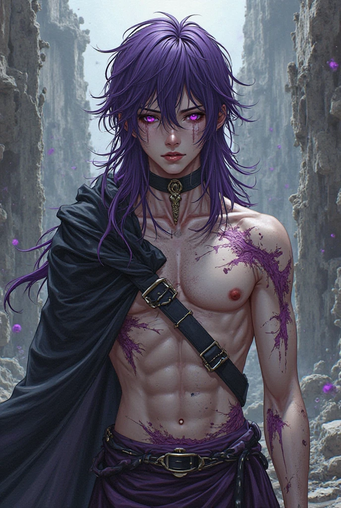 Purple hair man, scars all over the theme, fuchsia skin holding a cursed spear