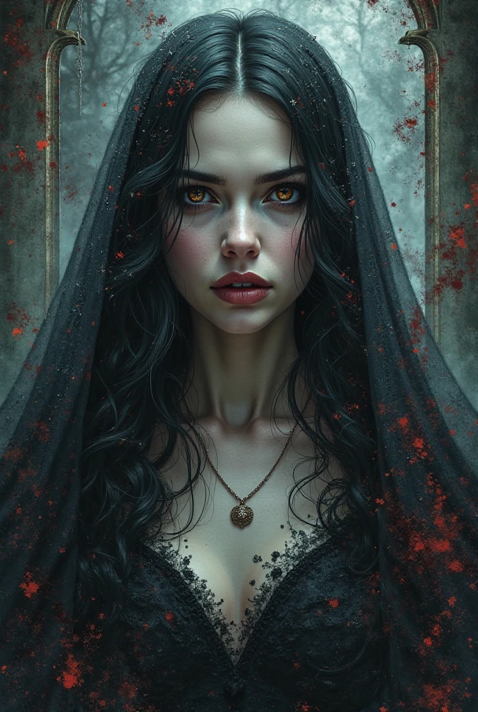 "Create an image of a gothic, curvy vampiric woman Big tits NSFW with pale skin and dark, dramatic makeup. She has blood dripping from her mouth, which accentuates her sharp fangs. Her eyes are shadowed with dark eye makeup, giving her a menacing yet alluring look. The woman is dressed in a revealing, intricately designed black corset with lace detailing and a deep neckline. She wears a dark veil over her long, tousled hair, partially covering her face, and a jewel adorns her forehead. The background is a shadowy, ancient gothic cathedral with tall, carved stone pillars. The image should be in a black-and-white, grayscale tone, with high contrast to emphasize the dark and eerie atmosphere. Add subtle, dark red tones to the blood for a striking effect. The image should convey a sense of horror, mystery, and dark beauty."
